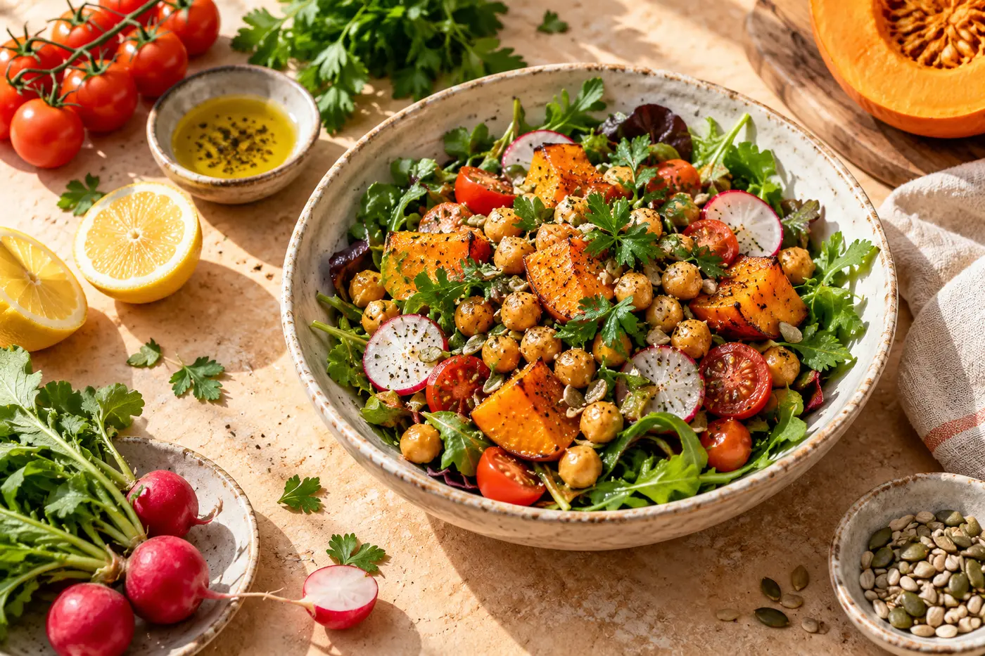 Sunlit seasonal wholefoods, fresh herbs and a colourful salad on a warm kitchen table